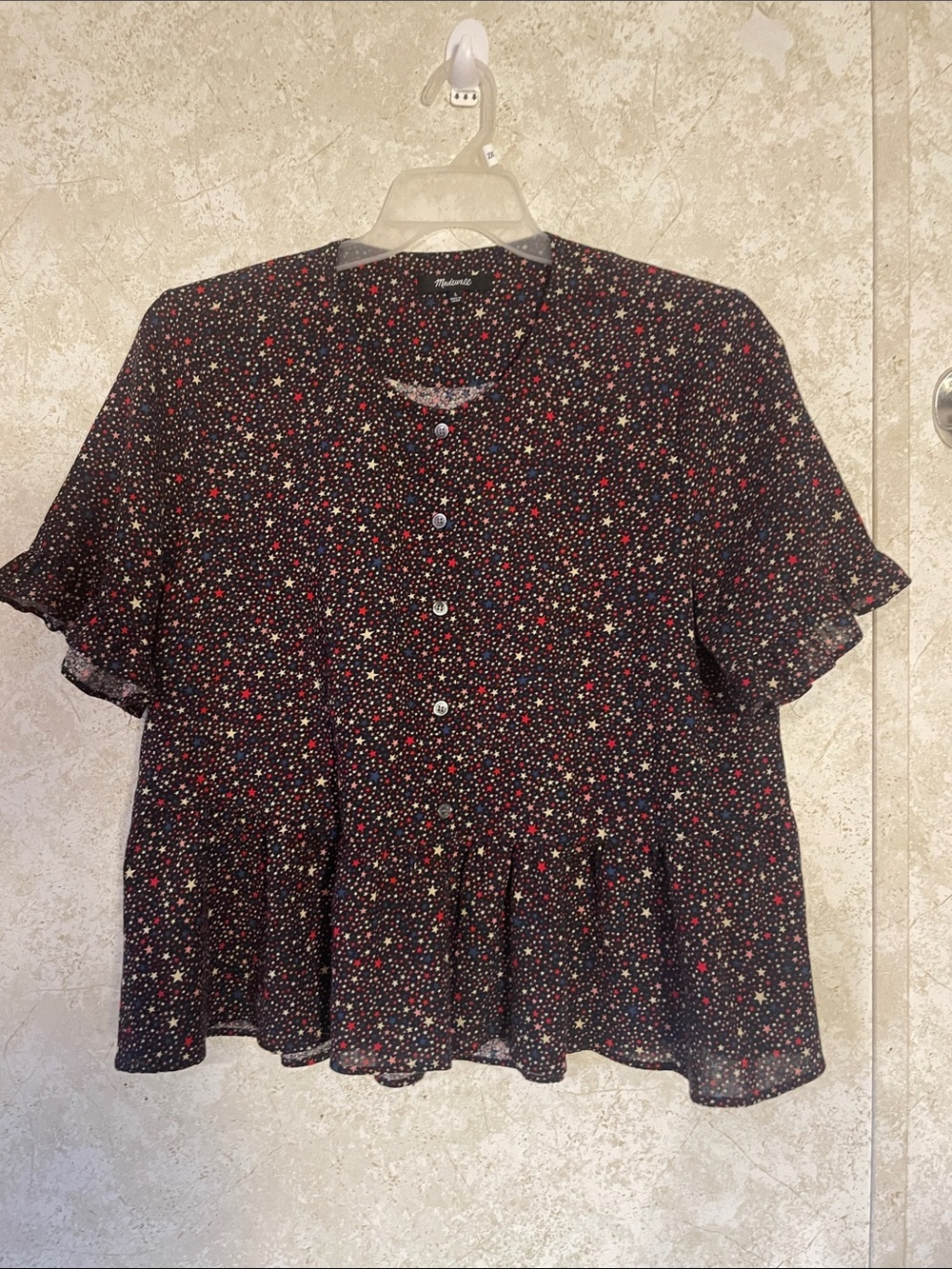 Madewell Navy Multi Color Stars Print Button Front Peplum Blouse